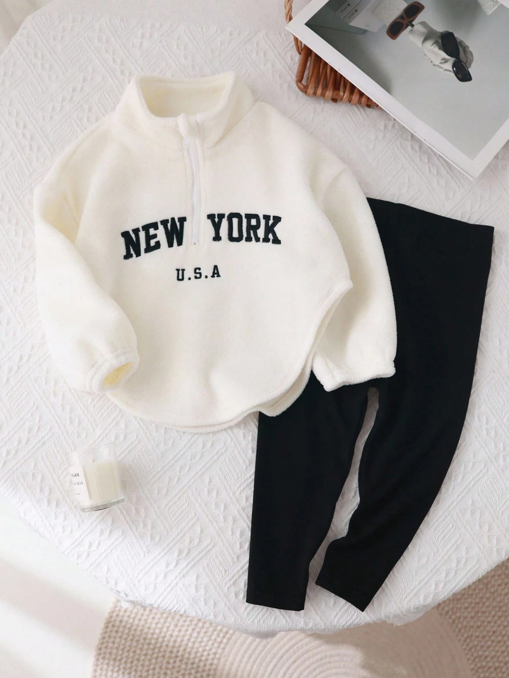 Young Girl Letter Print Stand Collar Fluffy Top Pants 2 Piece Set