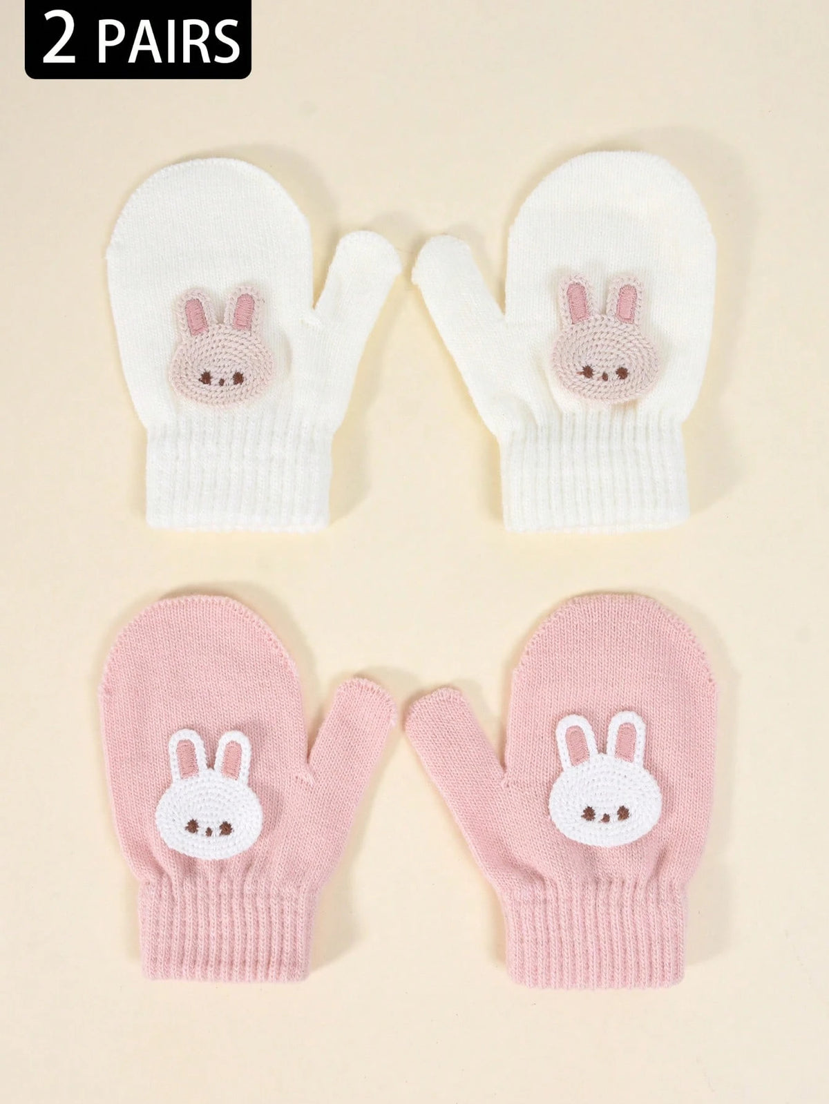 2 Pairs Toddler Autumn/Winter High Elasticity Knitted Warm Gloves, Infant/Children Cute Rabbit & Bear Embroidered Covered Finger Gloves, Baby Anti-Scratch Mittens, Suitable For Casual Daily Wear And Winter Warmth Black/Khaki