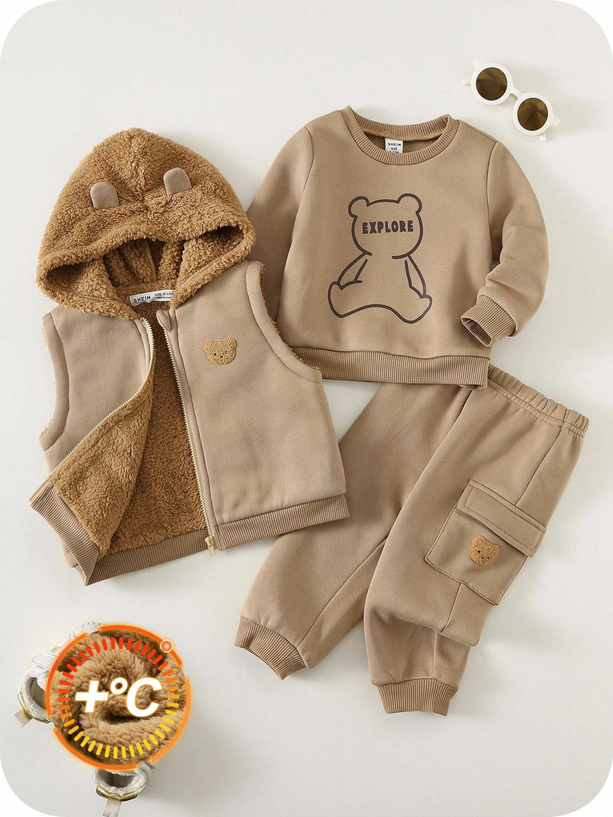 Unisex Baby Khaki Bear Hooded Vest Sweatshirt Set Multicolor