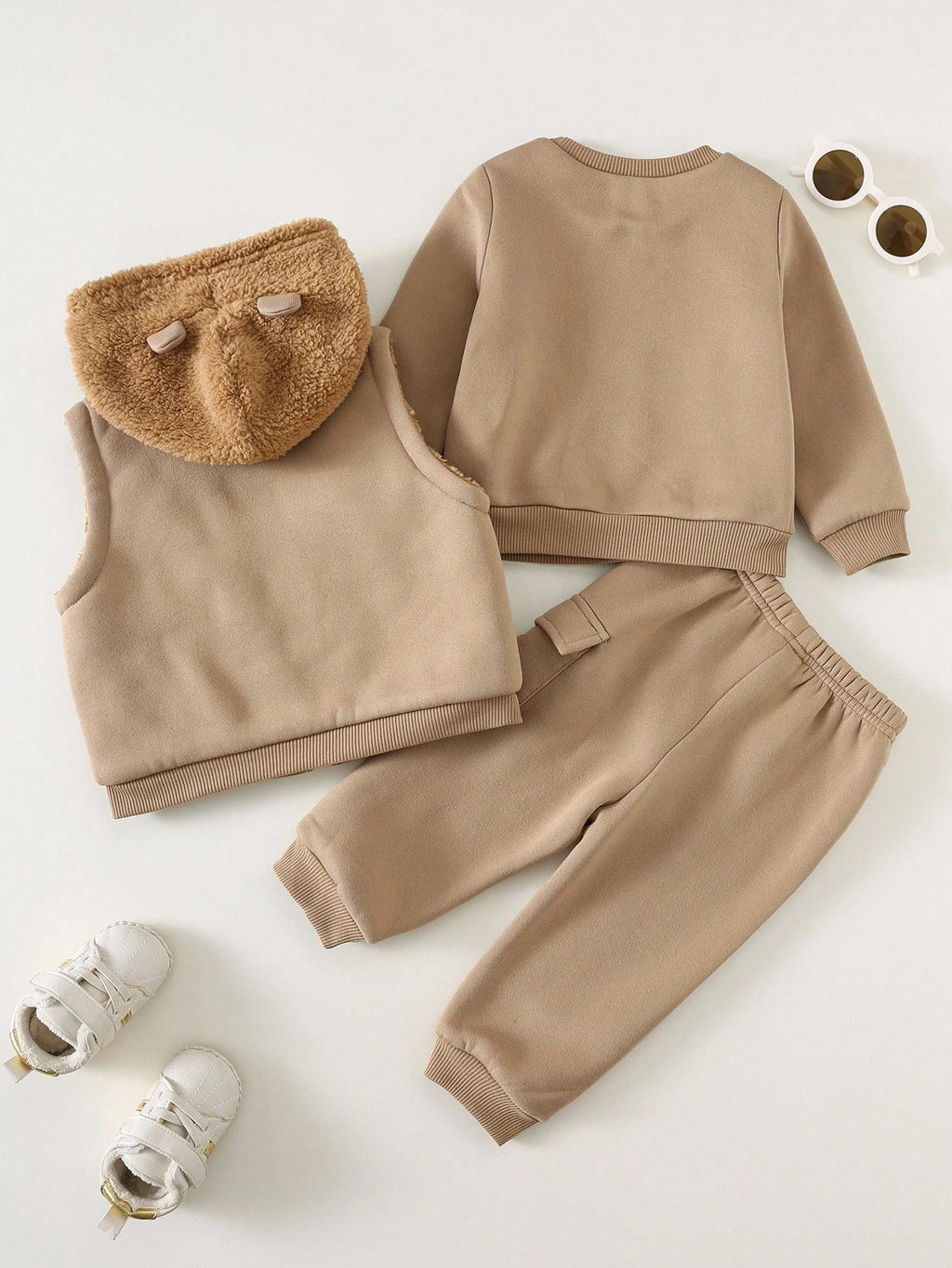 Unisex Baby Khaki Bear Hooded Vest Sweatshirt Set Multicolor