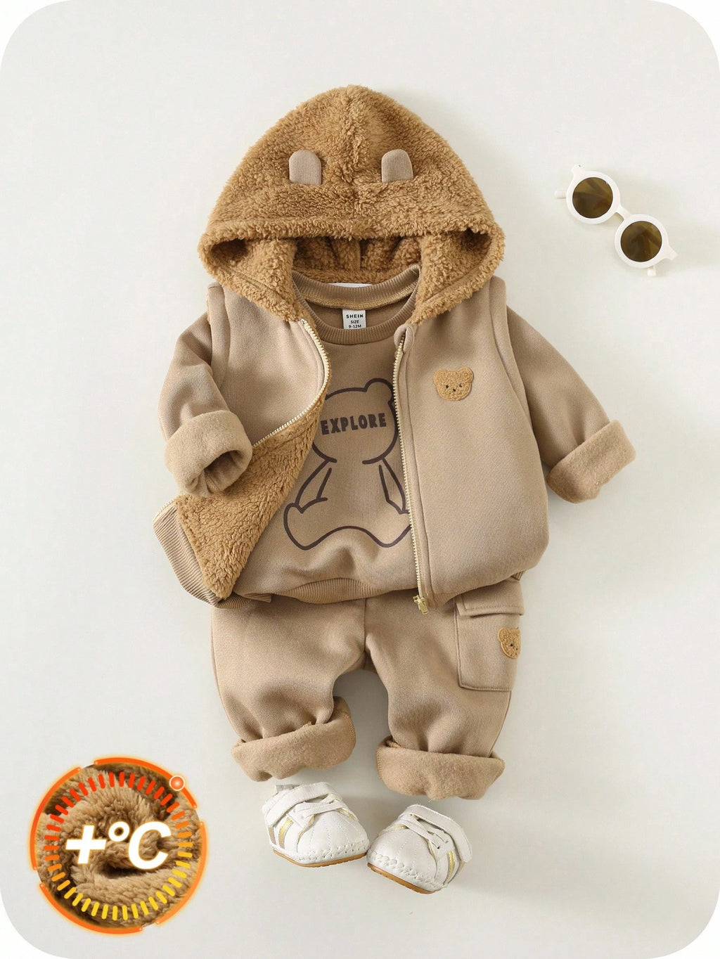 Unisex Baby Khaki Bear Hooded Vest Sweatshirt Set Multicolor