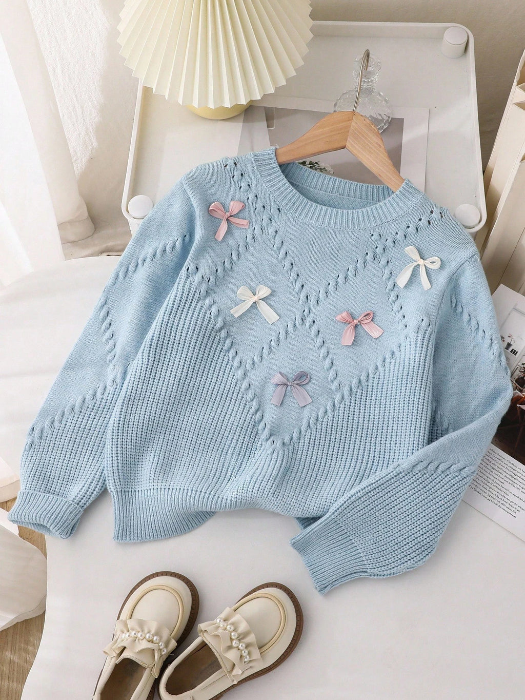 Girls' Butterfly Decor Crew Neck Sweater
