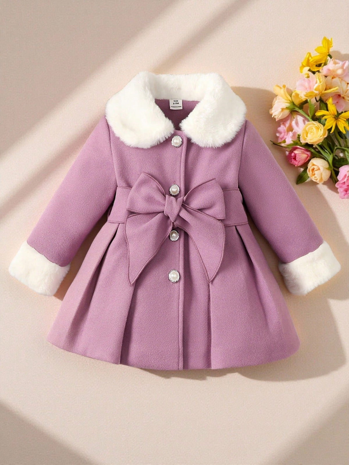Baby Girl Wool Blend Faux Fur Collar Bow Coat