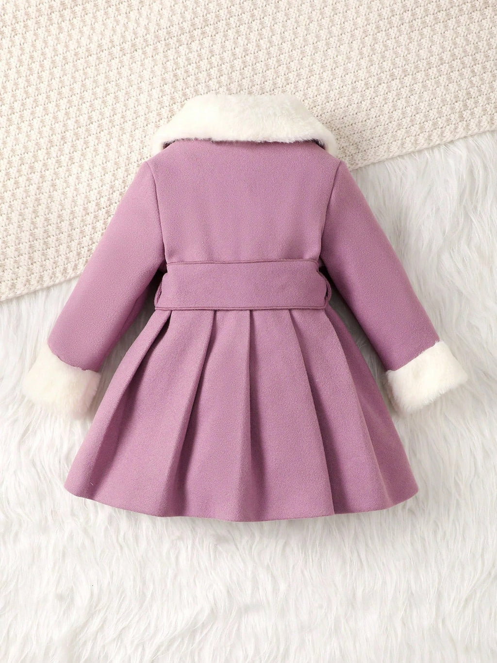 Baby Girl Wool Blend Faux Fur Collar Bow Coat