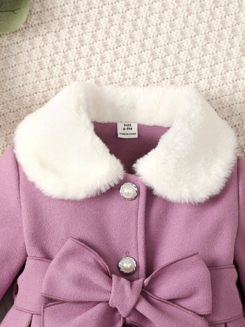 Baby Girl Wool Blend Faux Fur Collar Bow Coat