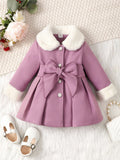 Baby Girl Wool Blend Faux Fur Collar Bow Coat