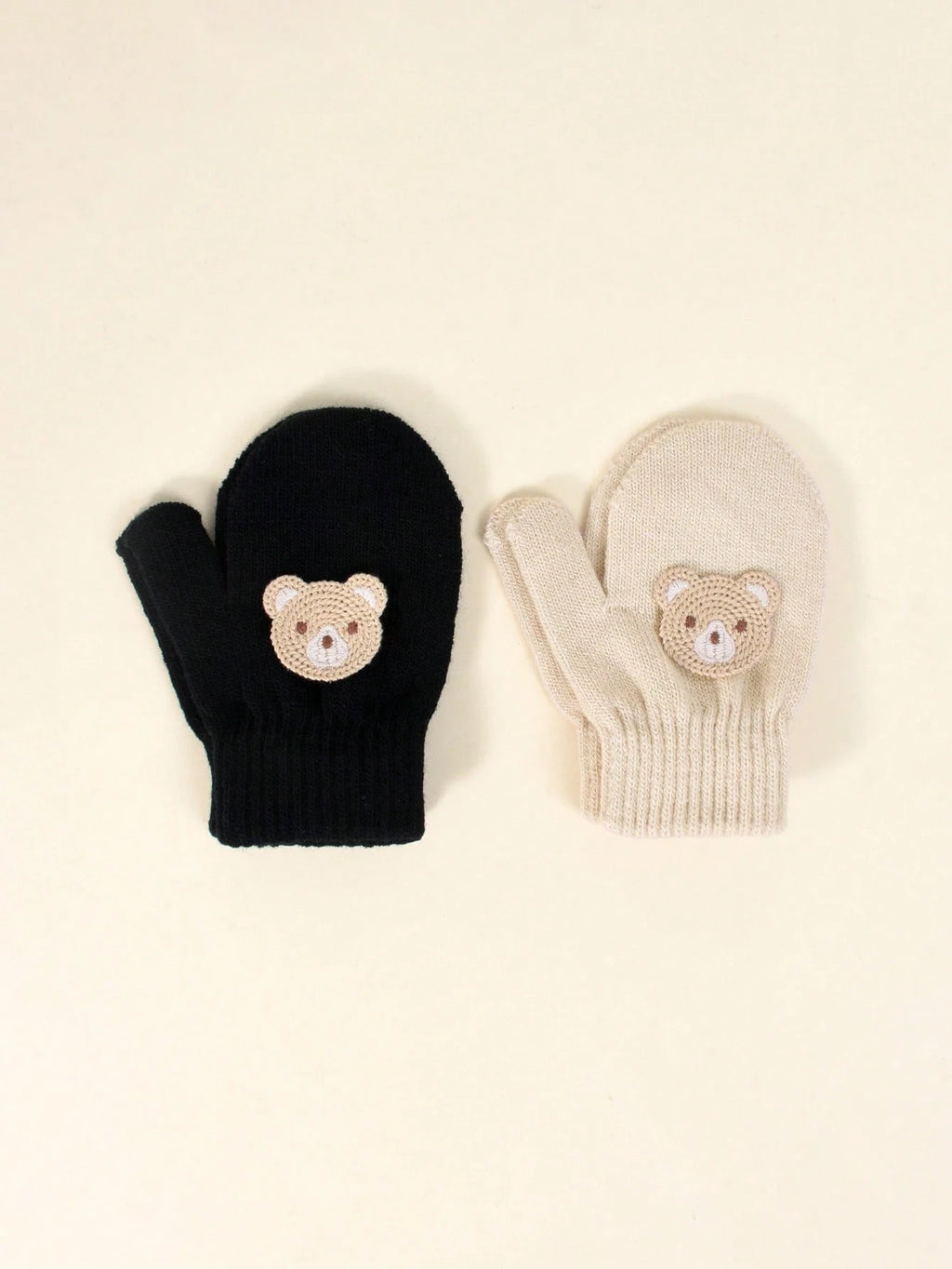 2 Pairs Toddler Autumn/Winter High Elasticity Knitted Warm Gloves, Infant/Children Cute Rabbit & Bear Embroidered Covered Finger Gloves, Baby Anti-Scratch Mittens, Suitable For Casual Daily Wear And Winter Warmth Black/Khaki