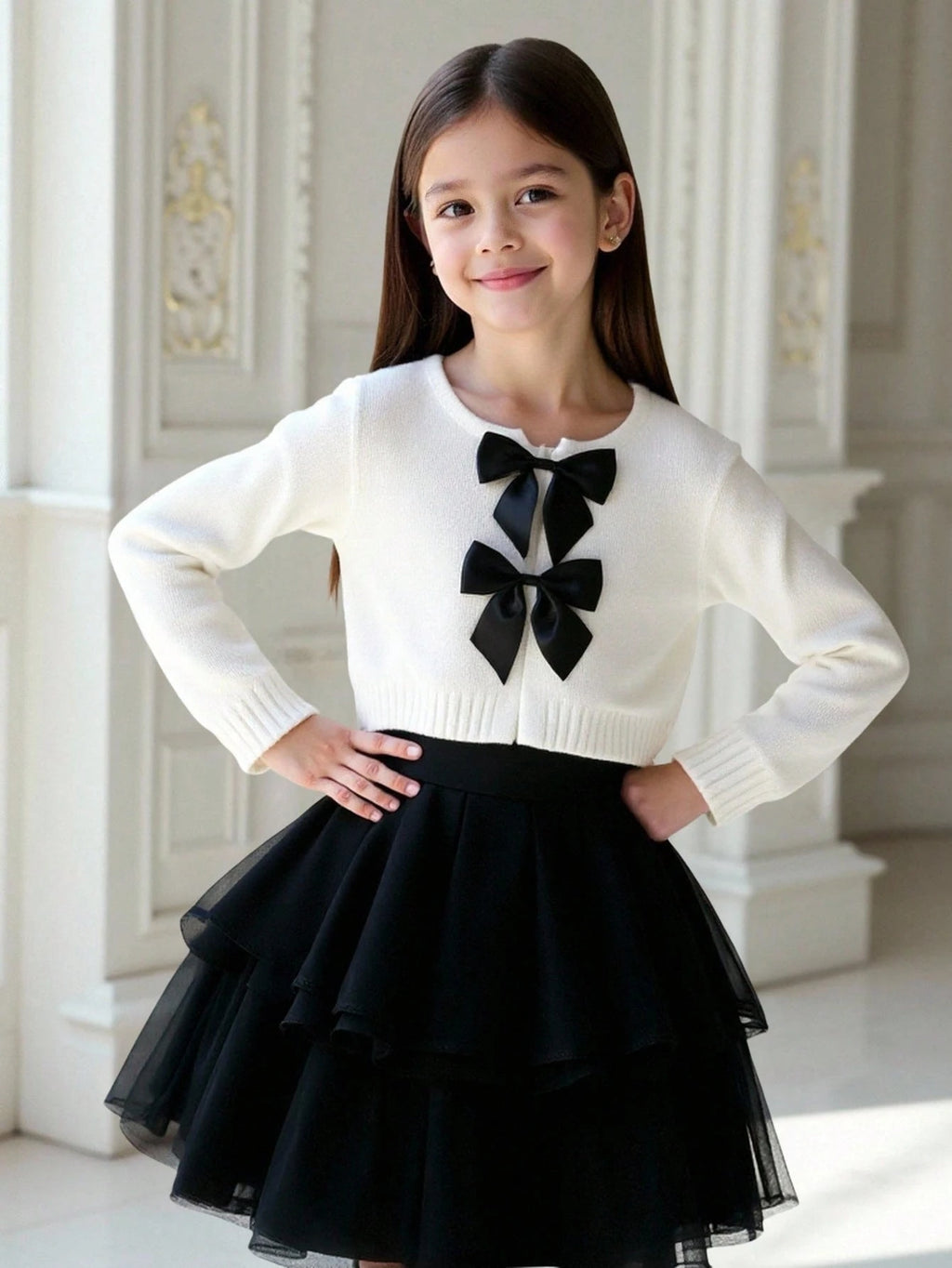 Young Girl Bowknot Round Neck Long Sleeve Cardigan