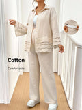 Maternity Embroidered Linen-Cotton Shirt & Pants Set Khaki