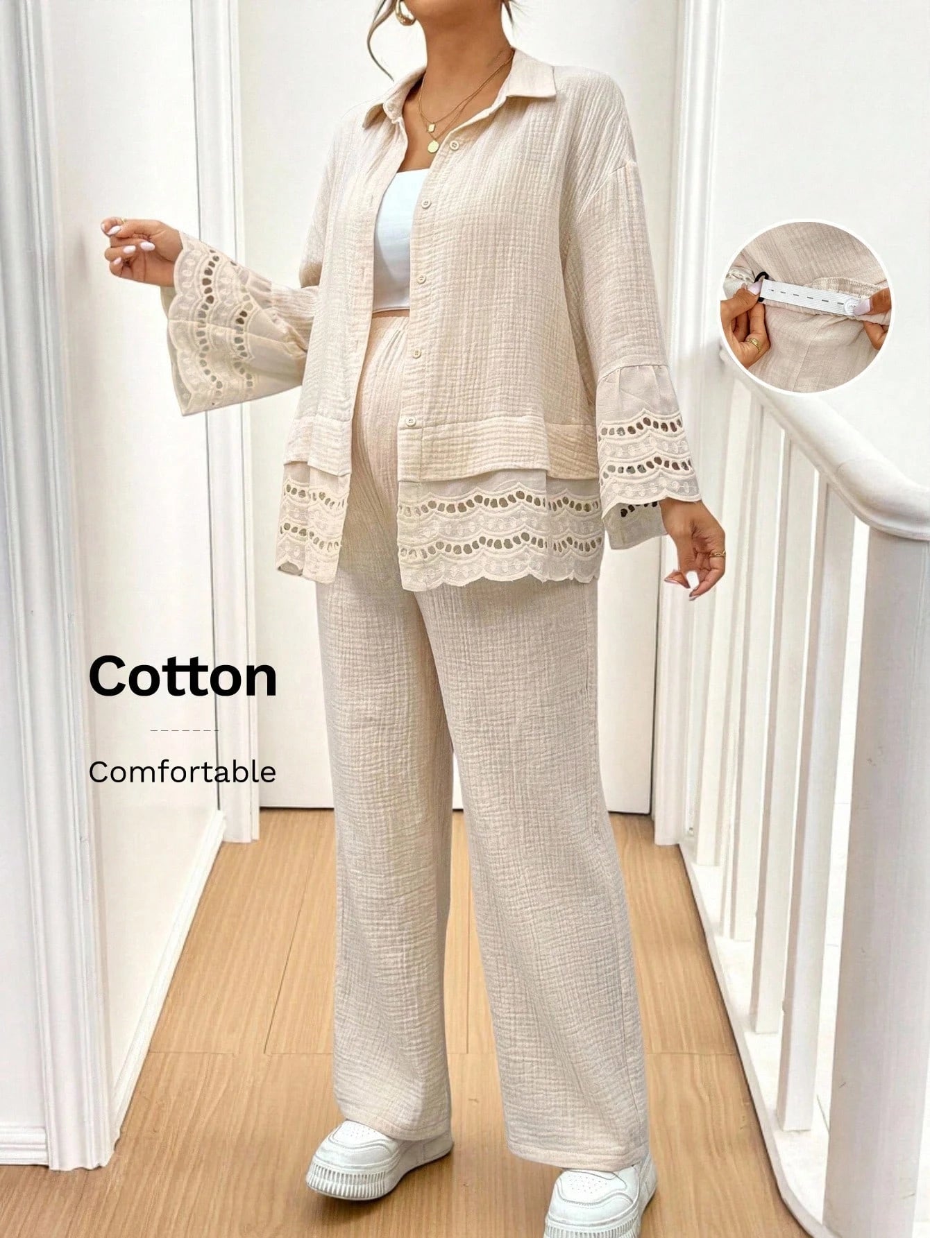 Maternity Embroidered Linen-Cotton Shirt & Pants Set Khaki