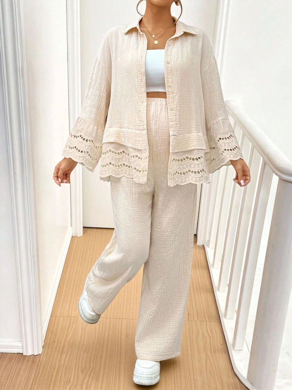 Maternity Embroidered Linen-Cotton Shirt & Pants Set Khaki