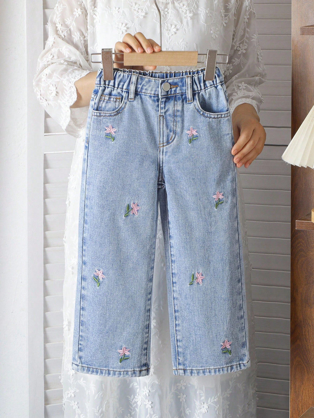 Girls' Floral Embroidered Wide-Leg Jeans