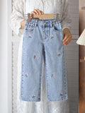 Girls' Floral Embroidered Wide-Leg Jeans