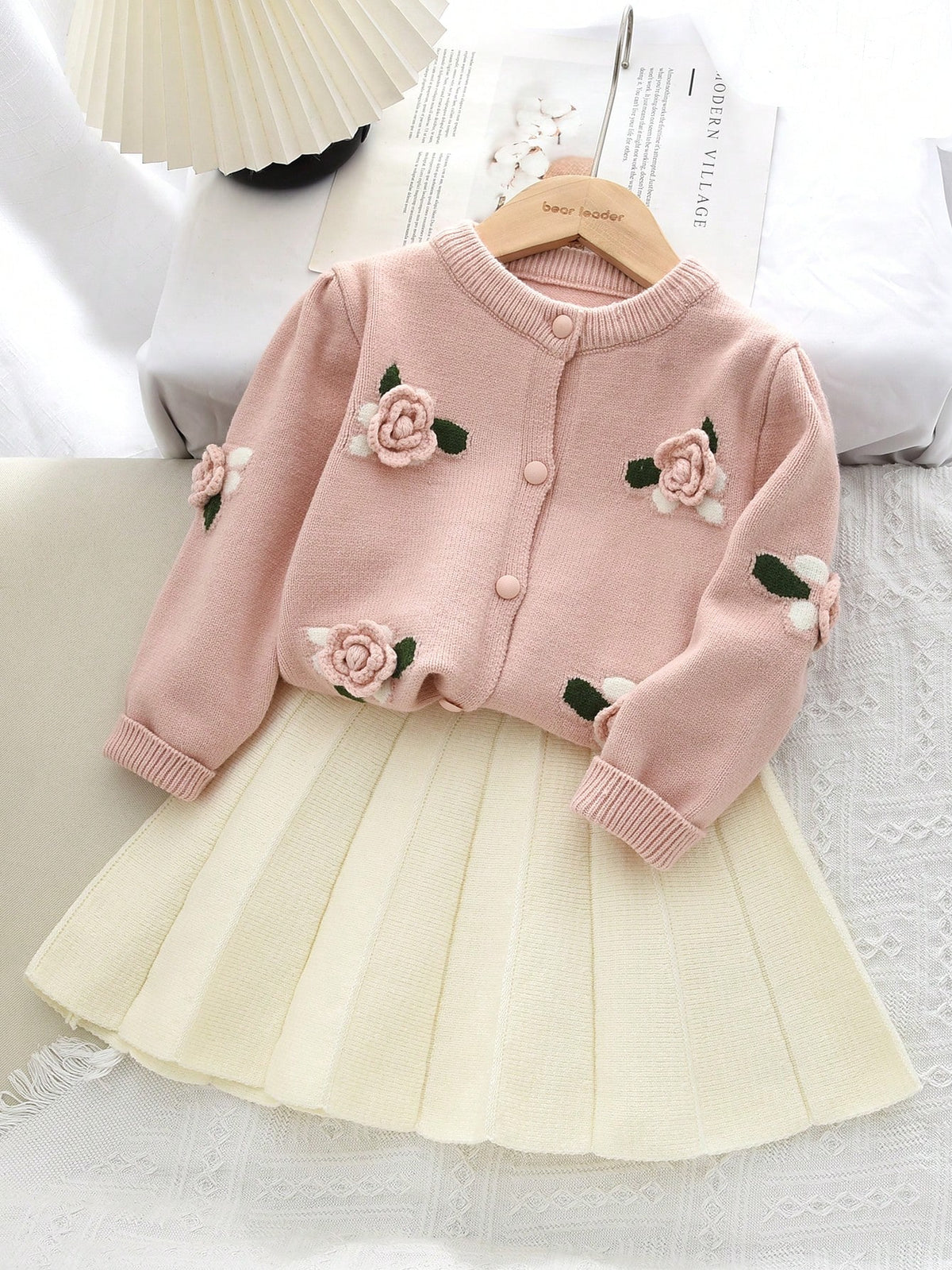 Young Girl Fruit Print Long Sleeve Top Pleated Skirt 2 Piece Set