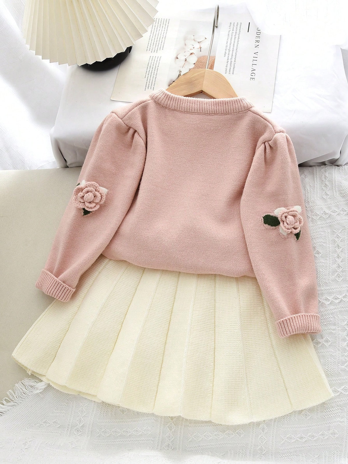 Young Girl Fruit Print Long Sleeve Top Pleated Skirt 2 Piece Set