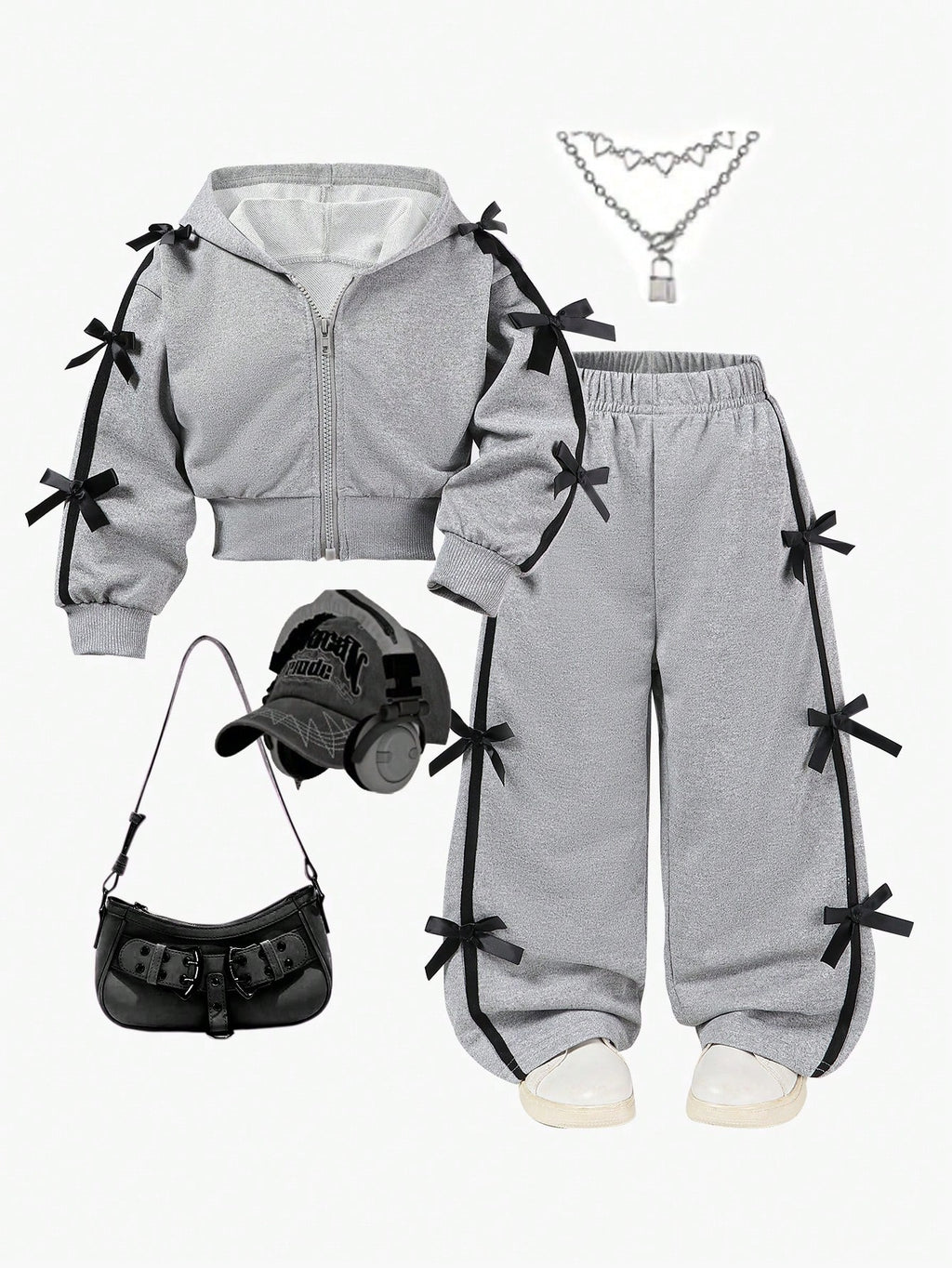 Girl Bow Decor Short Hooded Sweatshirt Wide Leg Pants 2 Piece Set