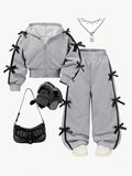 Girl Bow Decor Short Hooded Sweatshirt Wide Leg Pants 2 Piece Set