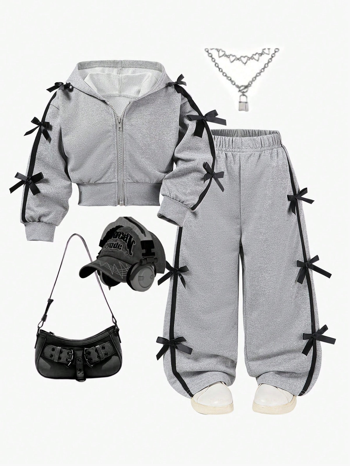 Girl Bow Decor Short Hooded Sweatshirt Wide Leg Pants 2 Piece Set