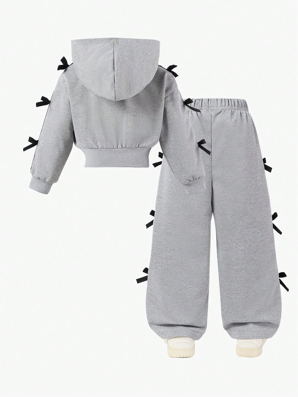 Girl Bow Decor Short Hooded Sweatshirt Wide Leg Pants 2 Piece Set