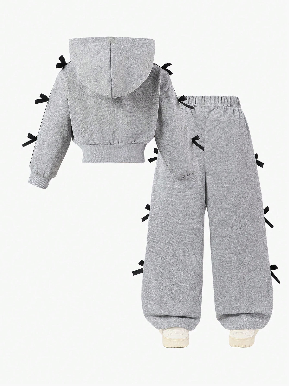 Girl Bow Decor Short Hooded Sweatshirt Wide Leg Pants 2 Piece Set