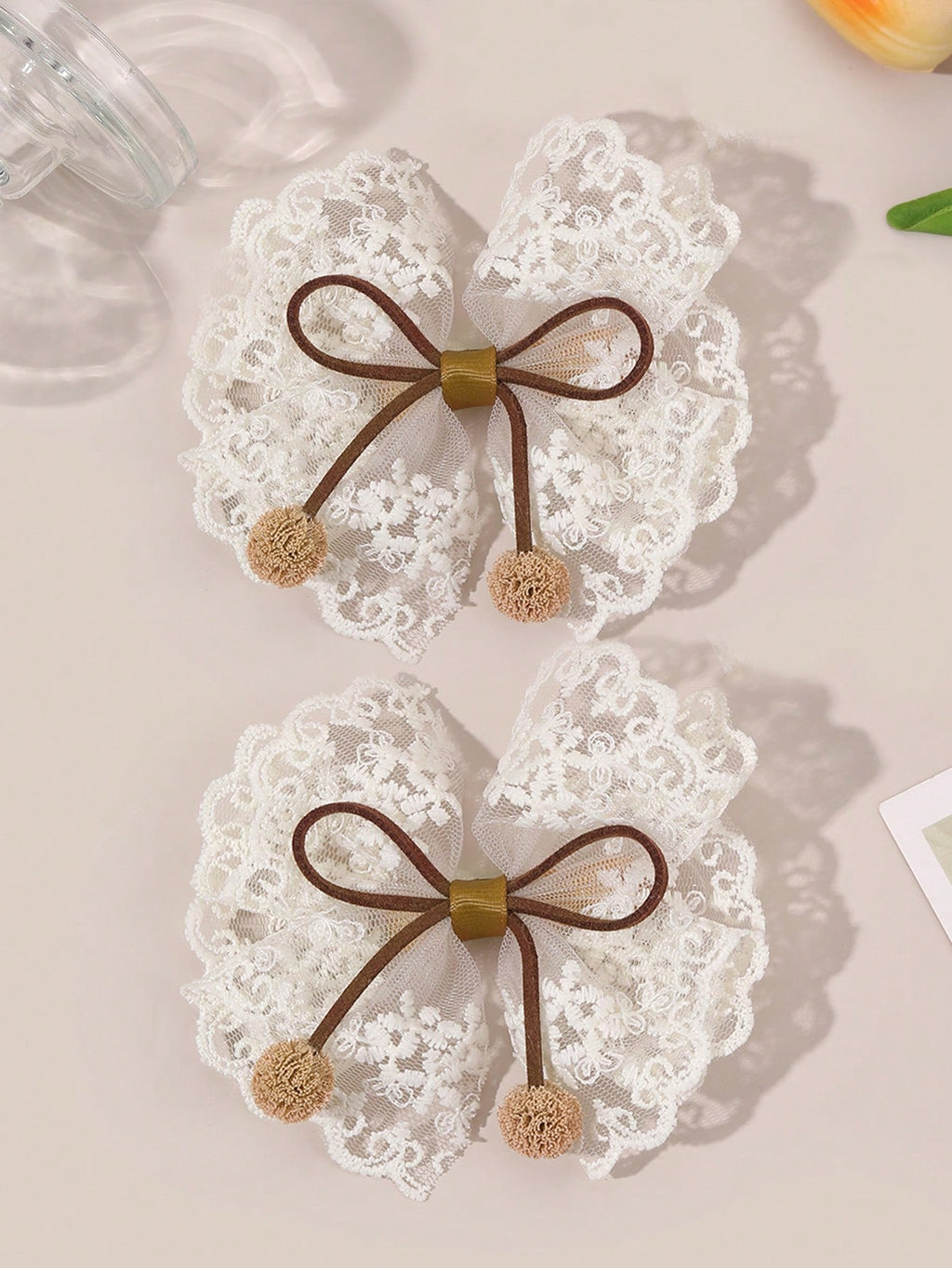 Girls' Khaki Lace Bow Hair Clips 2-Pack