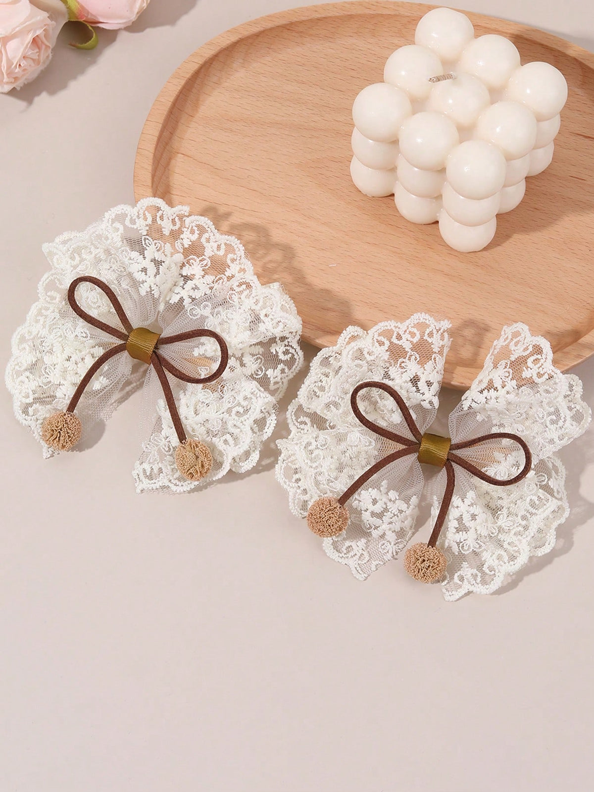 Girls' Khaki Lace Bow Hair Clips 2-Pack