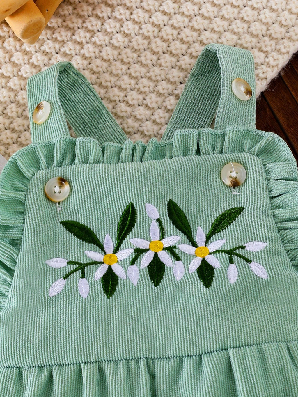 Baby Girl Green Ribbed Floral Embroidery 3pc Set - Green