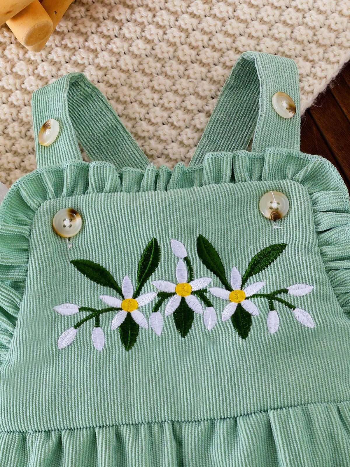 Baby Girl Green Ribbed Floral Embroidery 3pc Set - Green
