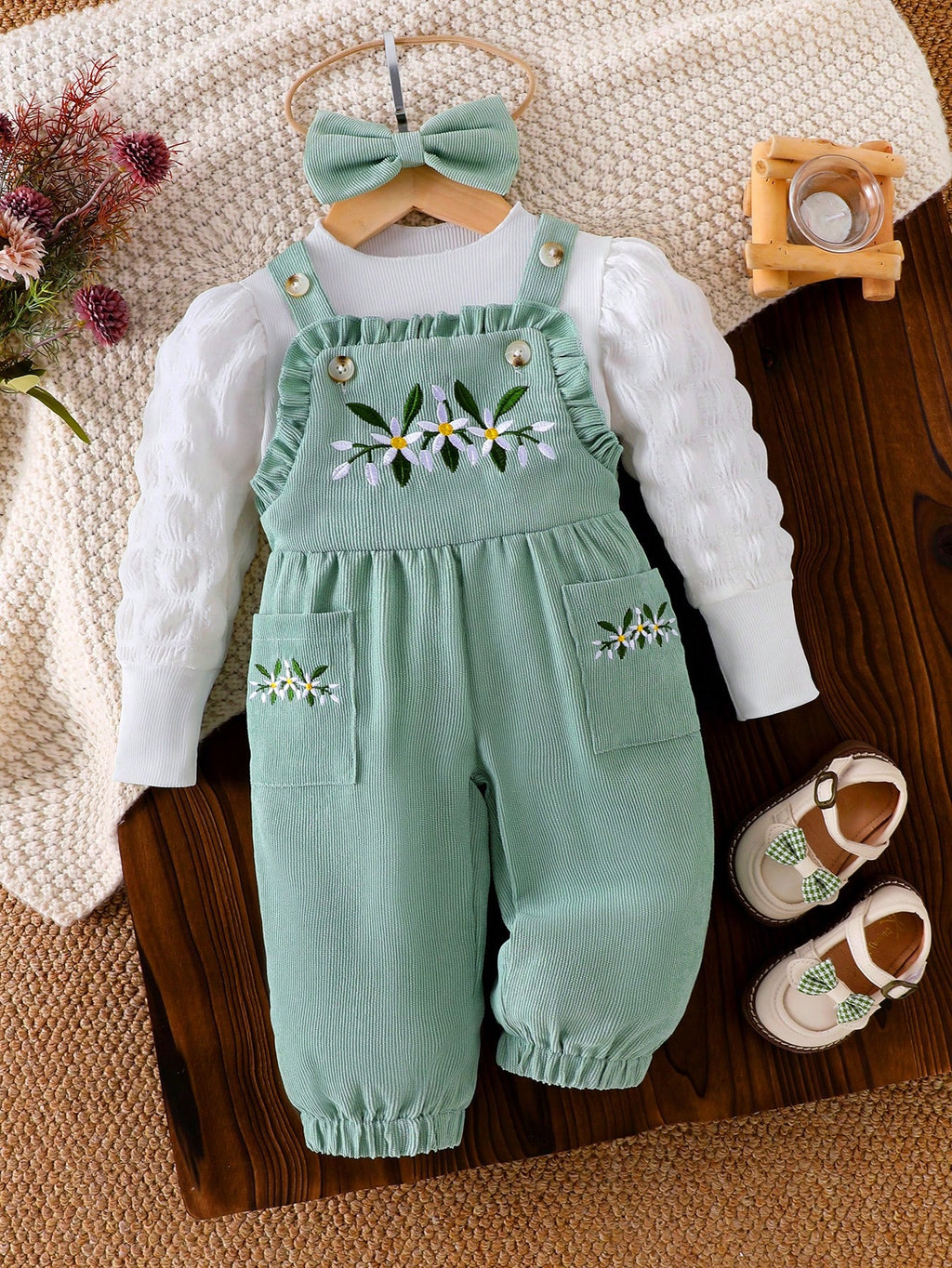 Baby Girl Green Ribbed Floral Embroidery 3pc Set - Green