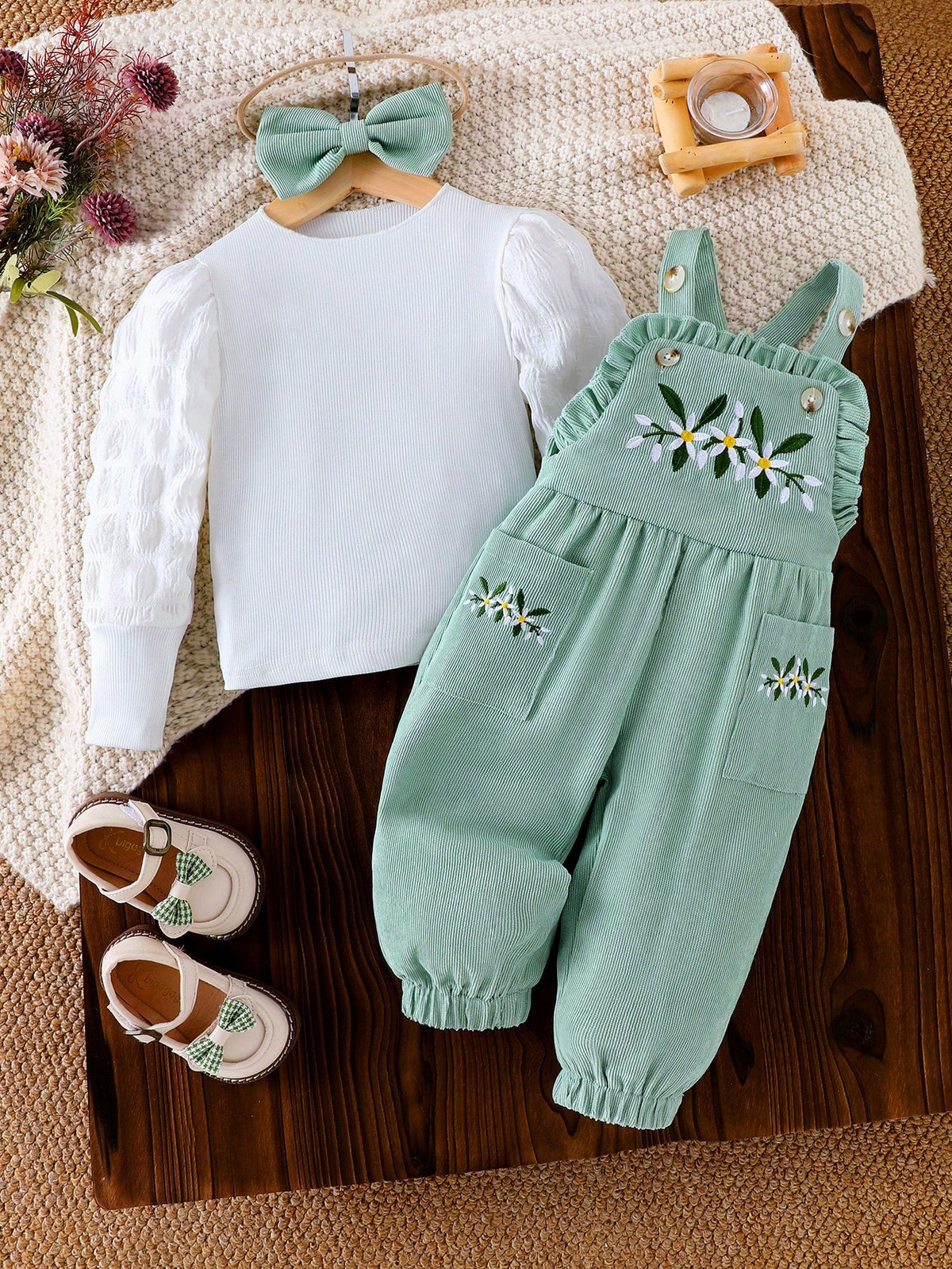 Baby Girl Green Ribbed Floral Embroidery 3pc Set - Green