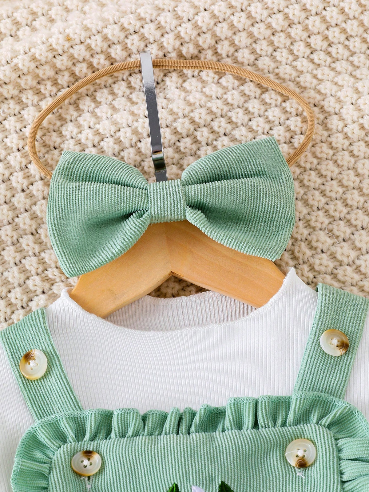 Baby Girl Green Ribbed Floral Embroidery 3pc Set - Green