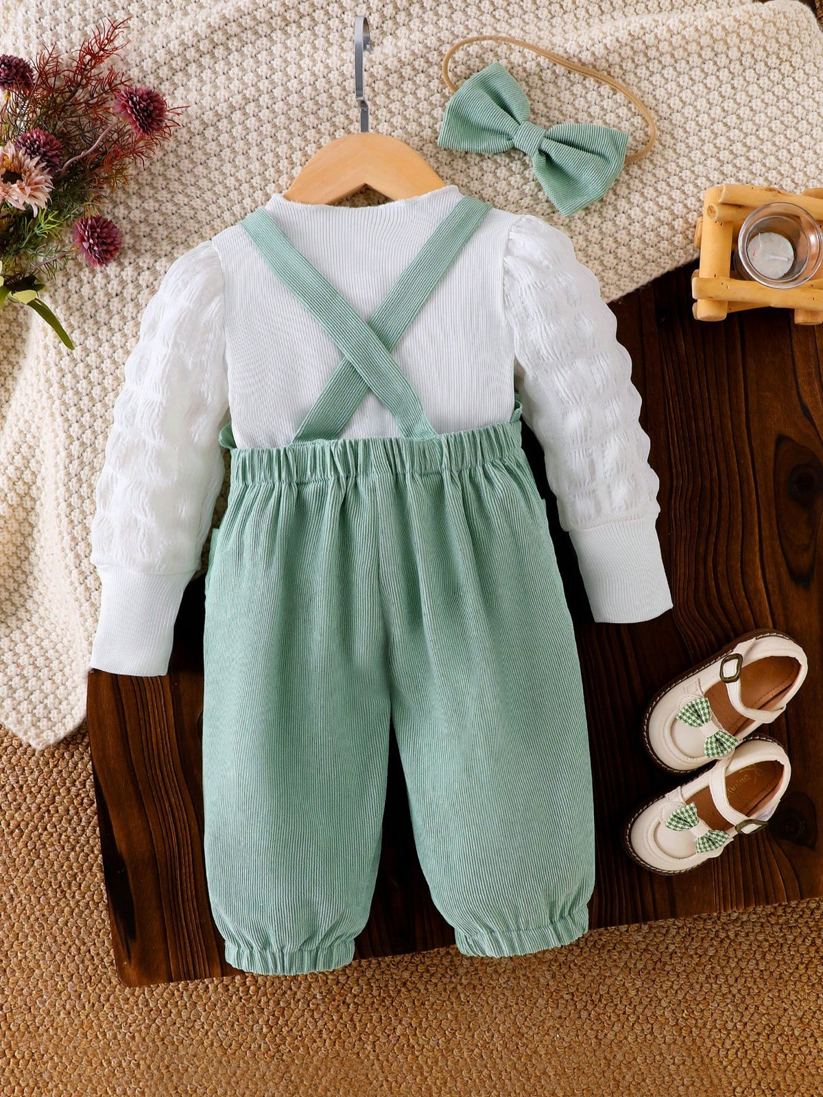 Baby Girl Green Ribbed Floral Embroidery 3pc Set - Green