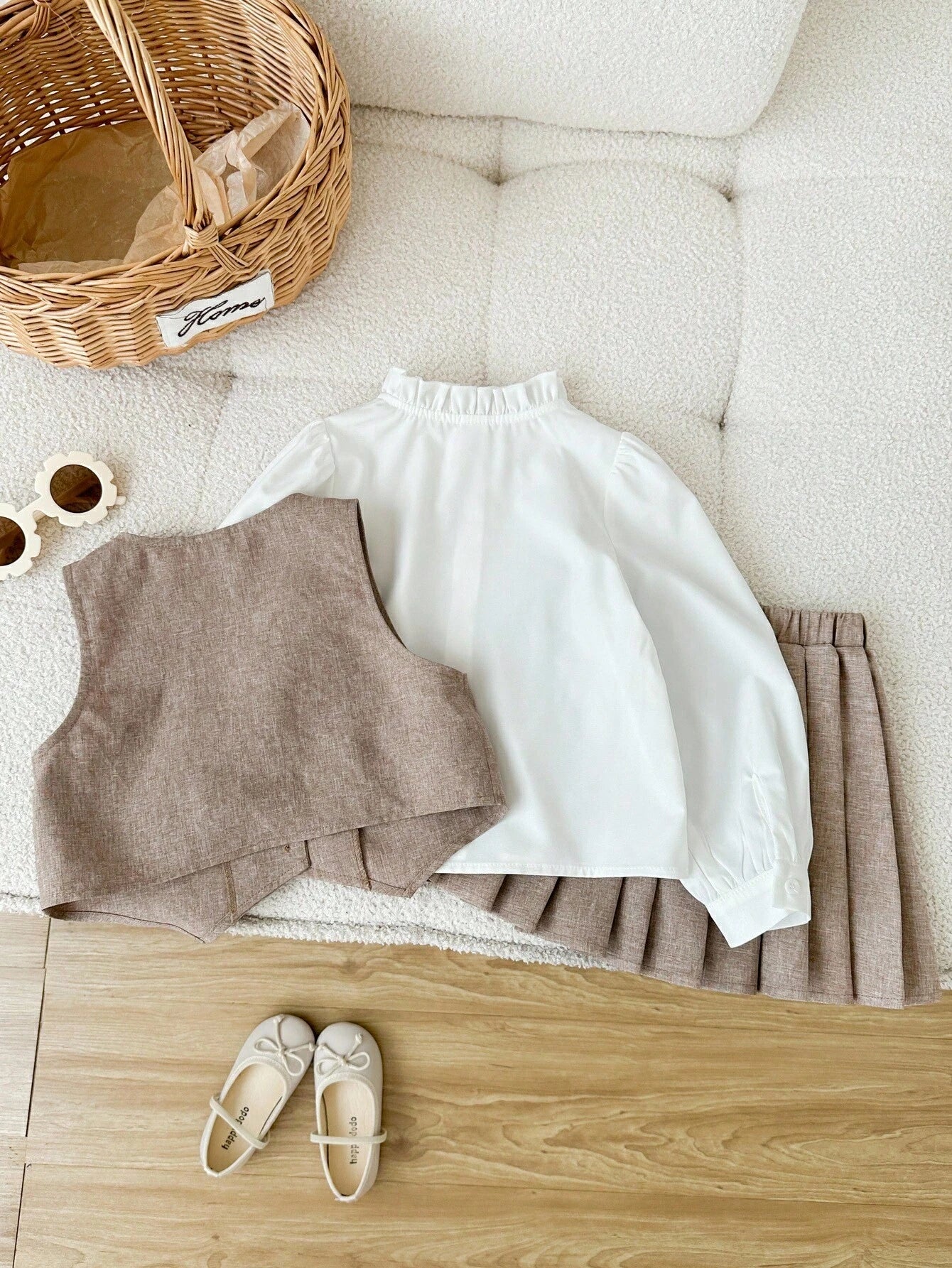 Girls' Gold Button Vest & Pleated Skirt Set