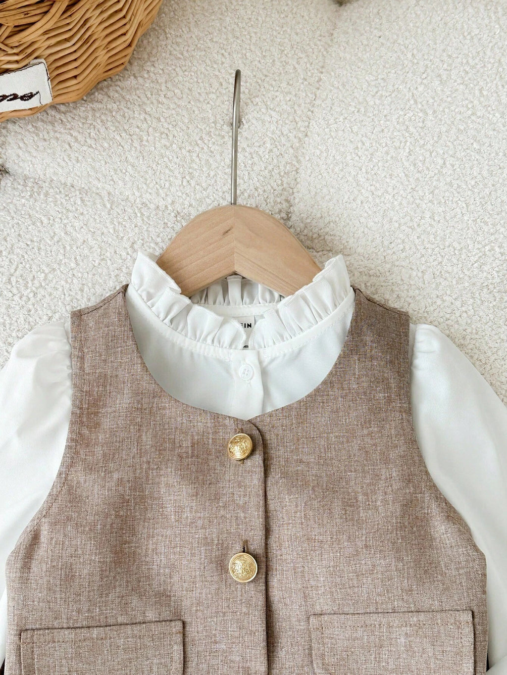 Girls' Gold Button Vest & Pleated Skirt Set