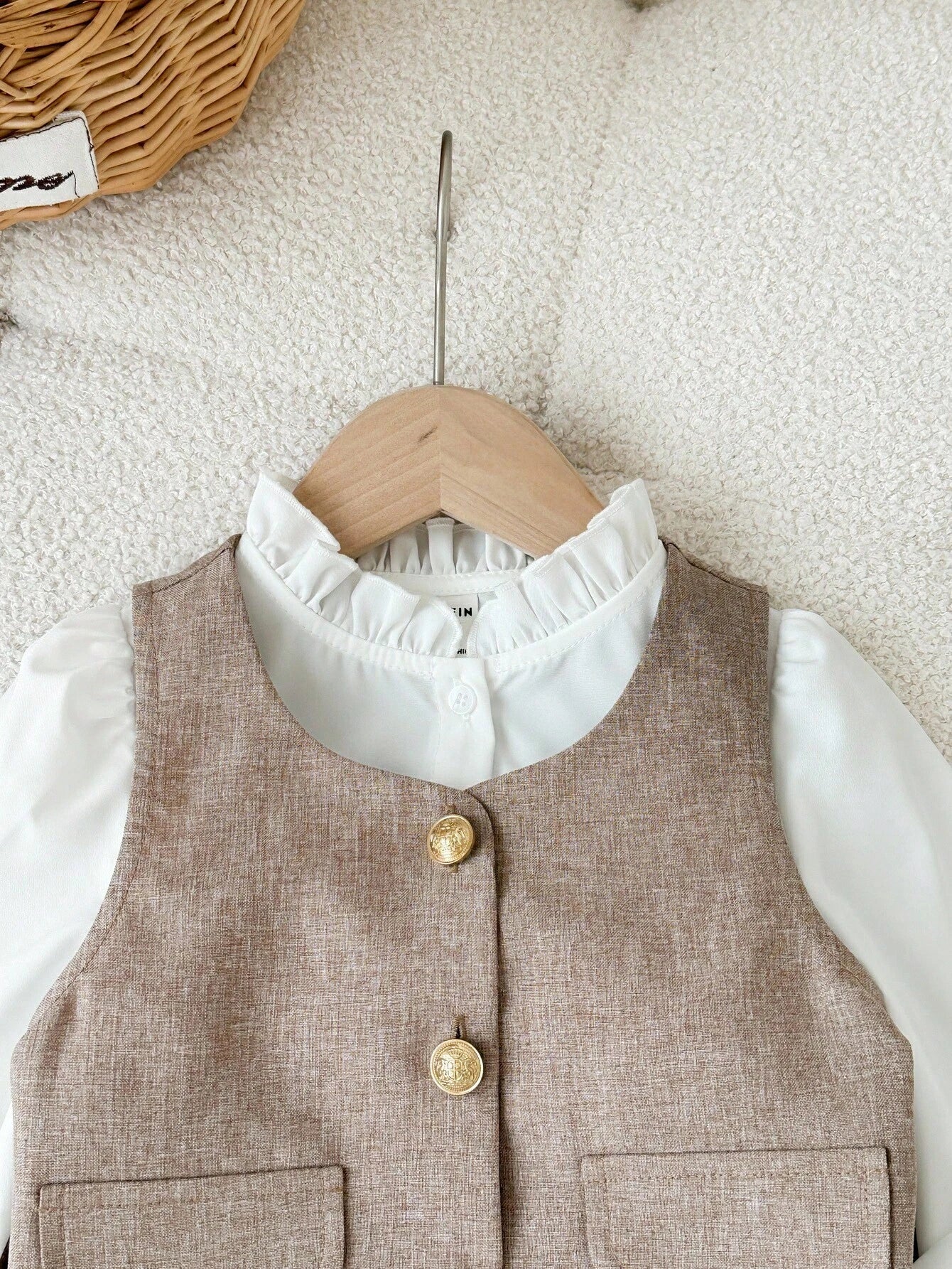 Girls' Gold Button Vest & Pleated Skirt Set