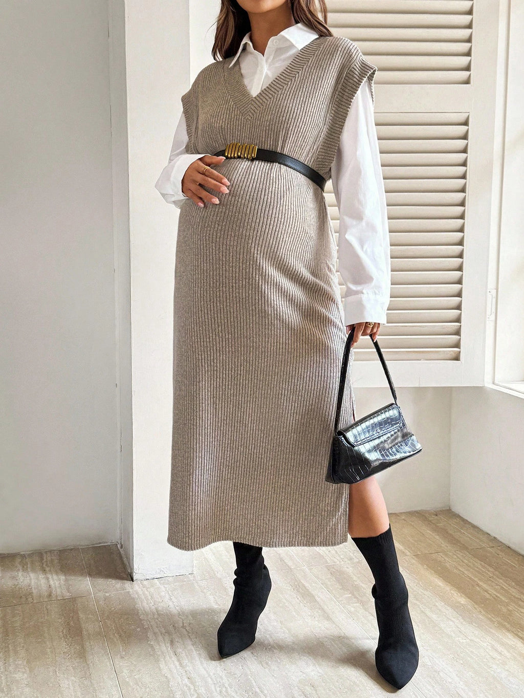 Maternity Button-Down Shirt & Ribbed Knit Maxi Dress Set Coffee Brown