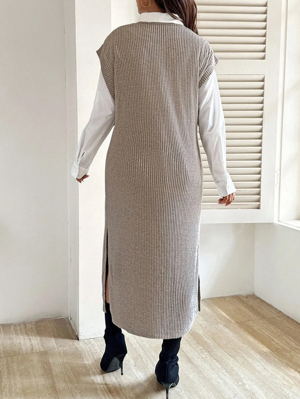 Maternity Button-Down Shirt & Ribbed Knit Maxi Dress Set Coffee Brown