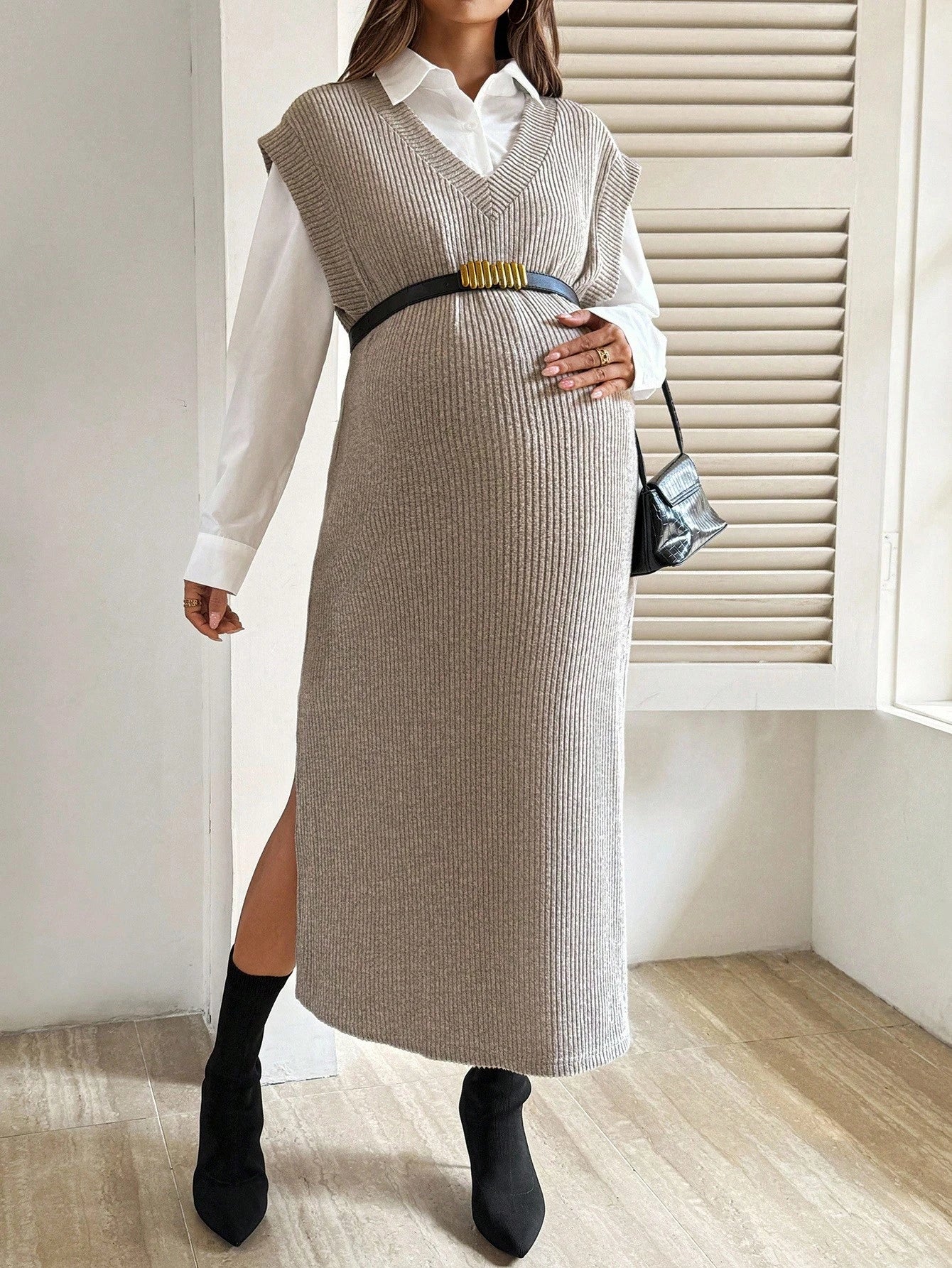 Maternity Button-Down Shirt & Ribbed Knit Maxi Dress Set Coffee Brown