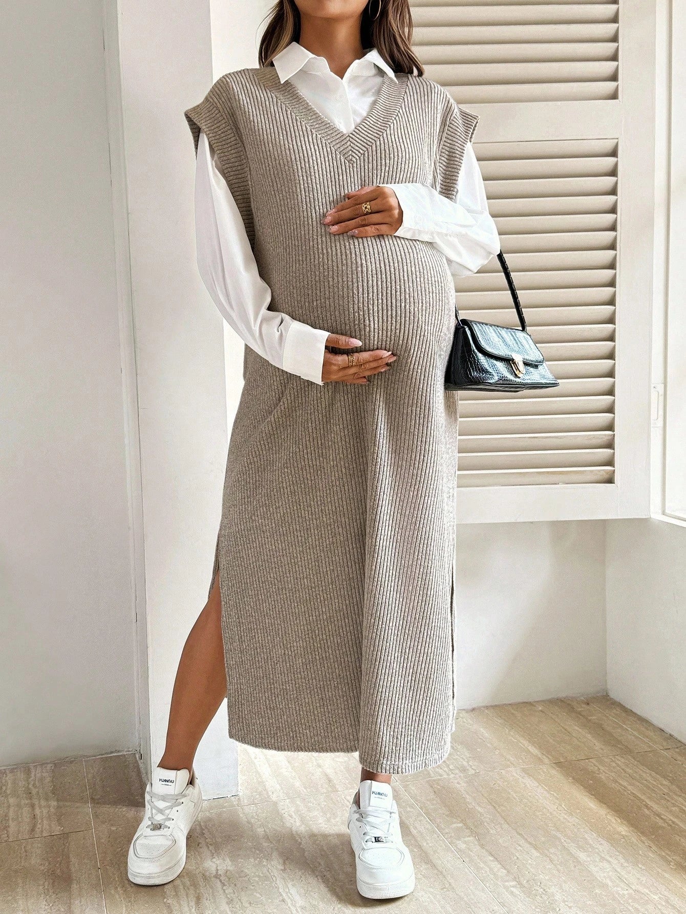 Maternity Button-Down Shirt & Ribbed Knit Maxi Dress Set Coffee Brown