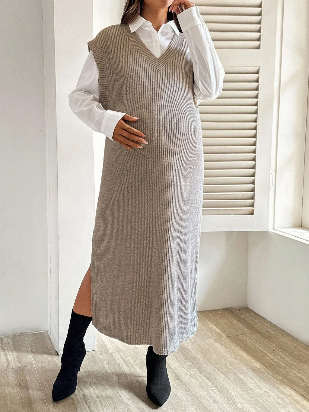 Maternity Button-Down Shirt & Ribbed Knit Maxi Dress Set Coffee Brown