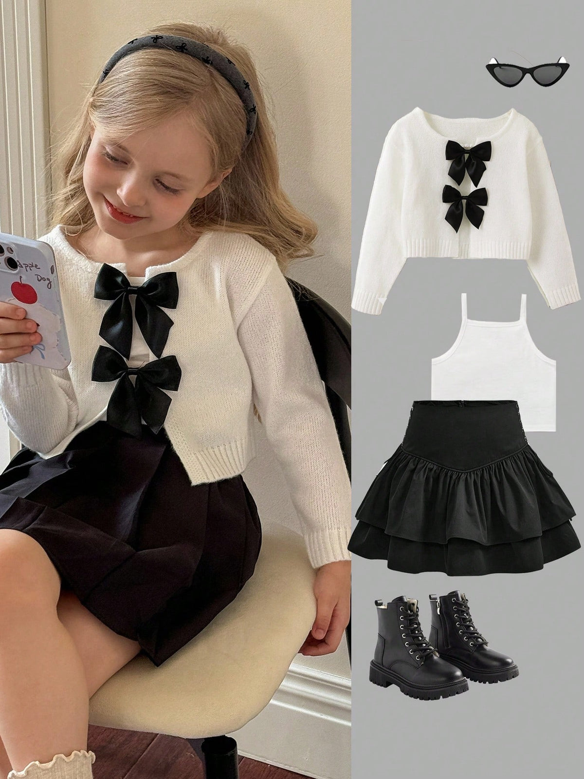 Young Girl Bowknot Round Neck Long Sleeve Cardigan
