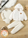 Newborn Plush Hooded Jacket Romper Pants 3 Piece Set