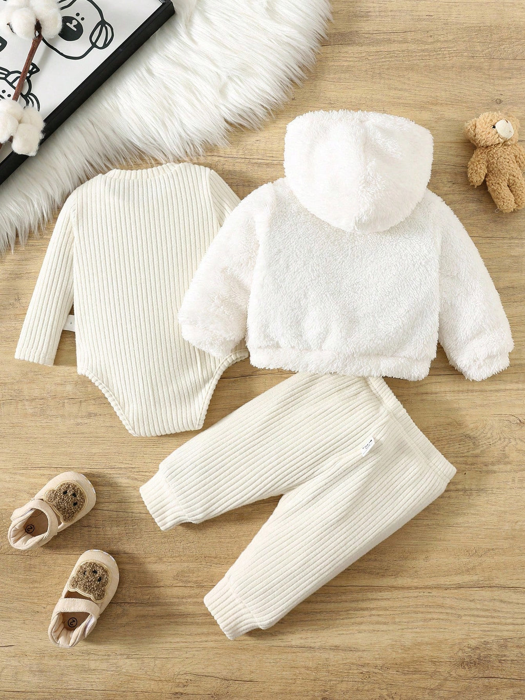 Newborn Plush Hooded Jacket Romper Pants 3 Piece Set