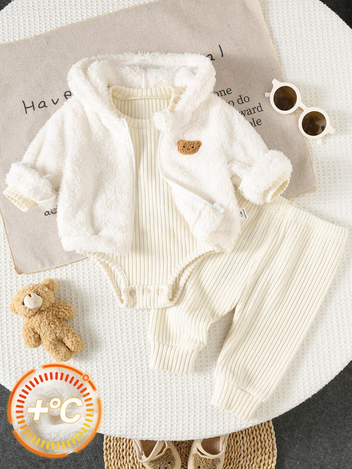 Newborn Plush Hooded Jacket Romper Pants 3 Piece Set