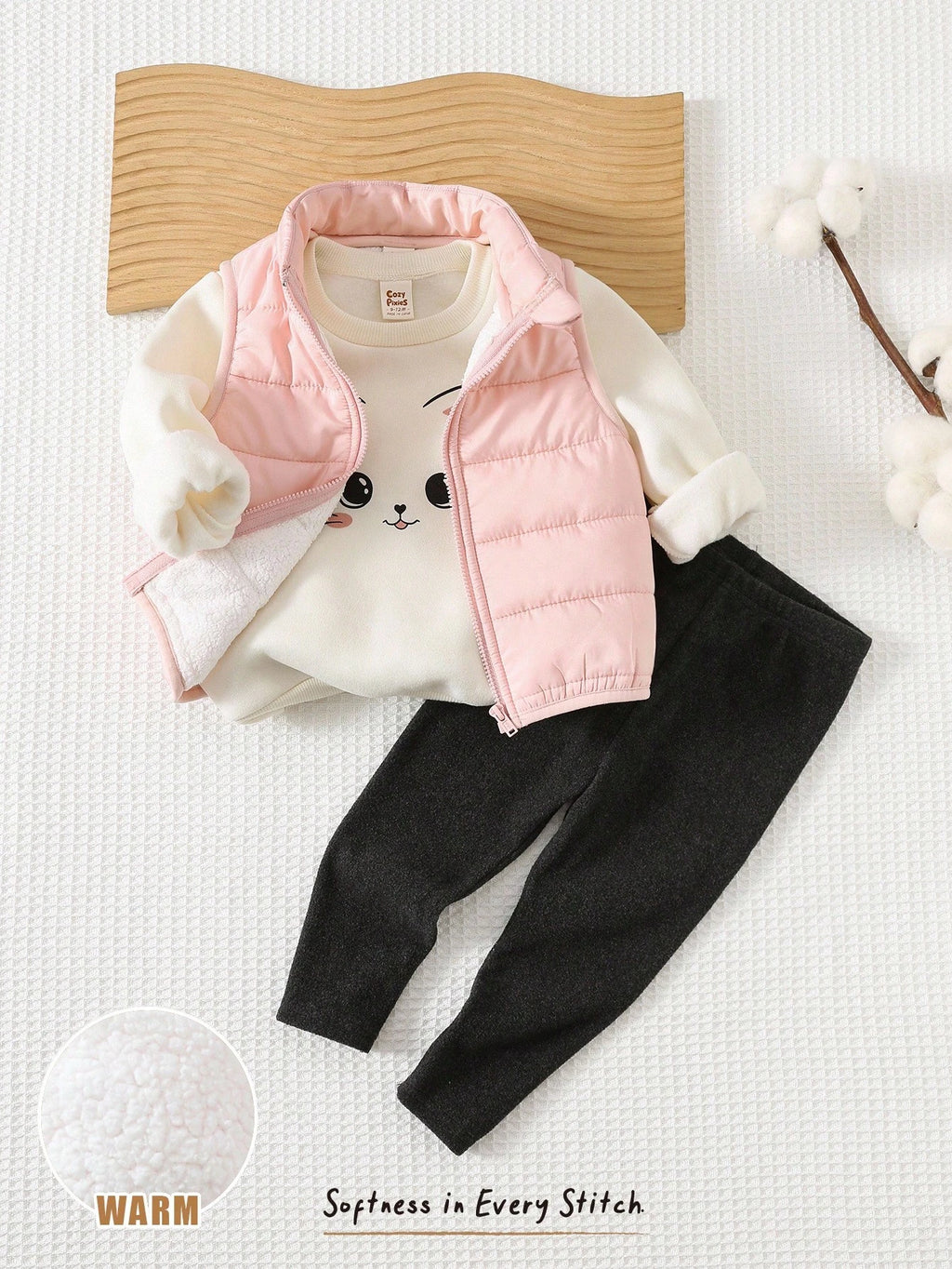 Baby Girl Cartoon Cat Sweatshirt Fleece Vest Leggings 3 Piece Set