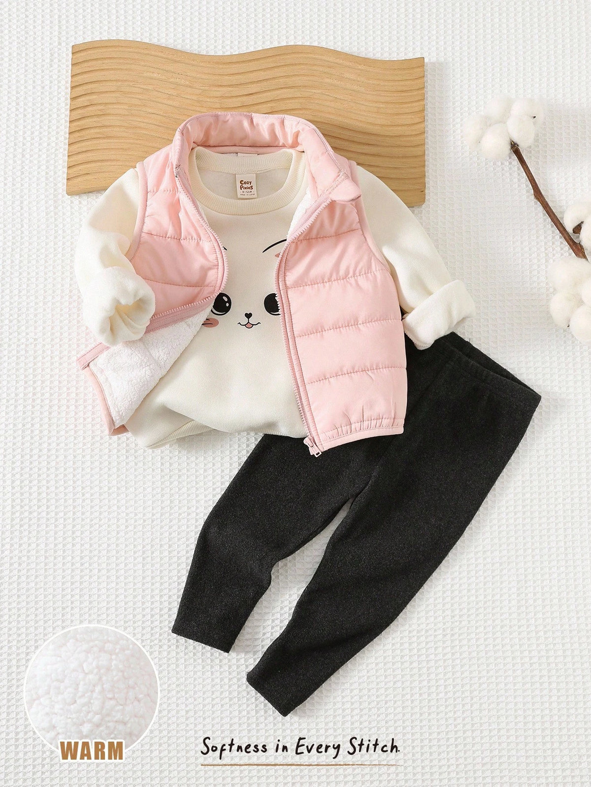 Baby Girl Cartoon Cat Sweatshirt Fleece Vest Leggings 3 Piece Set