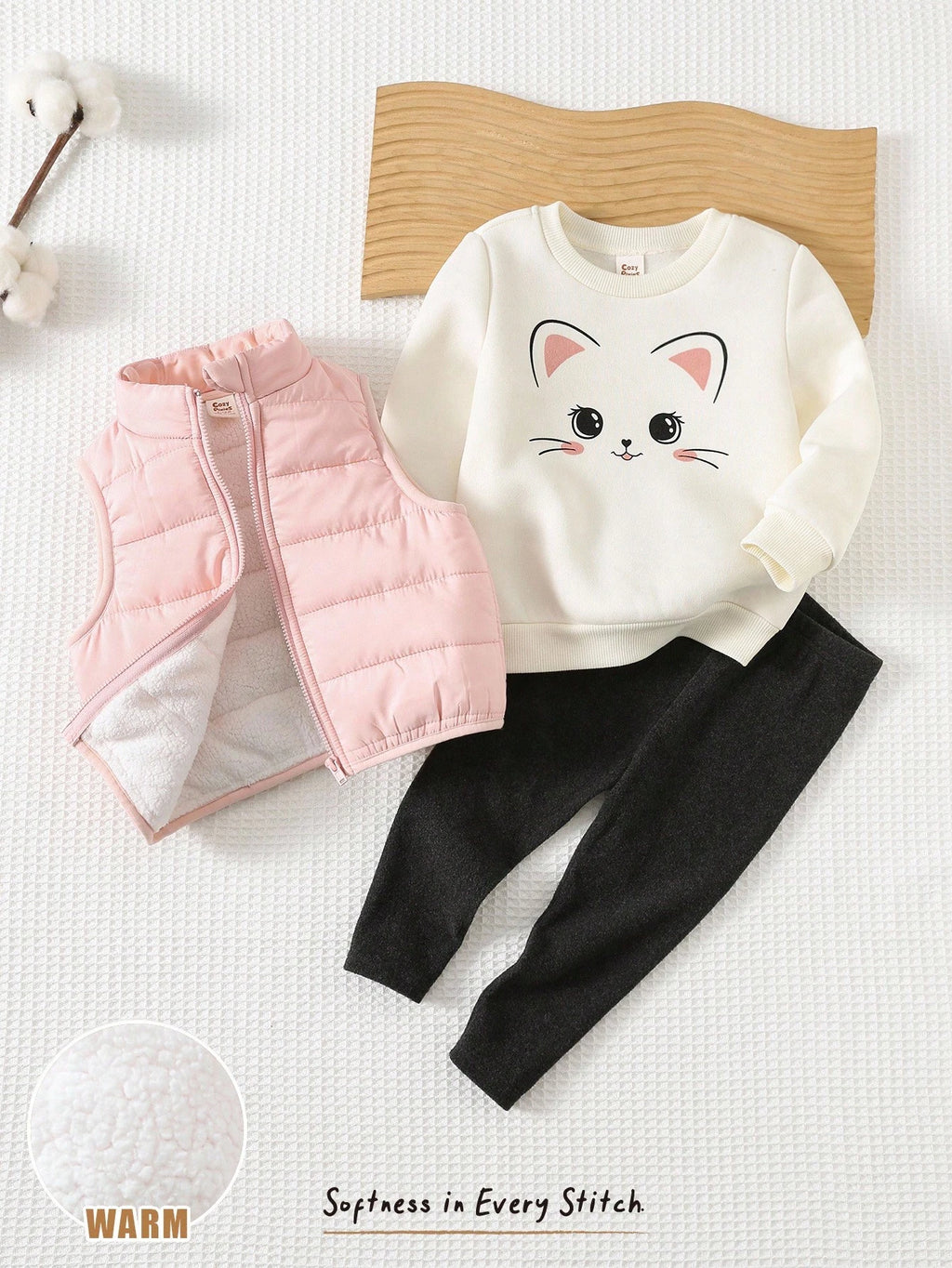 Baby Girl Cartoon Cat Sweatshirt Fleece Vest Leggings 3 Piece Set