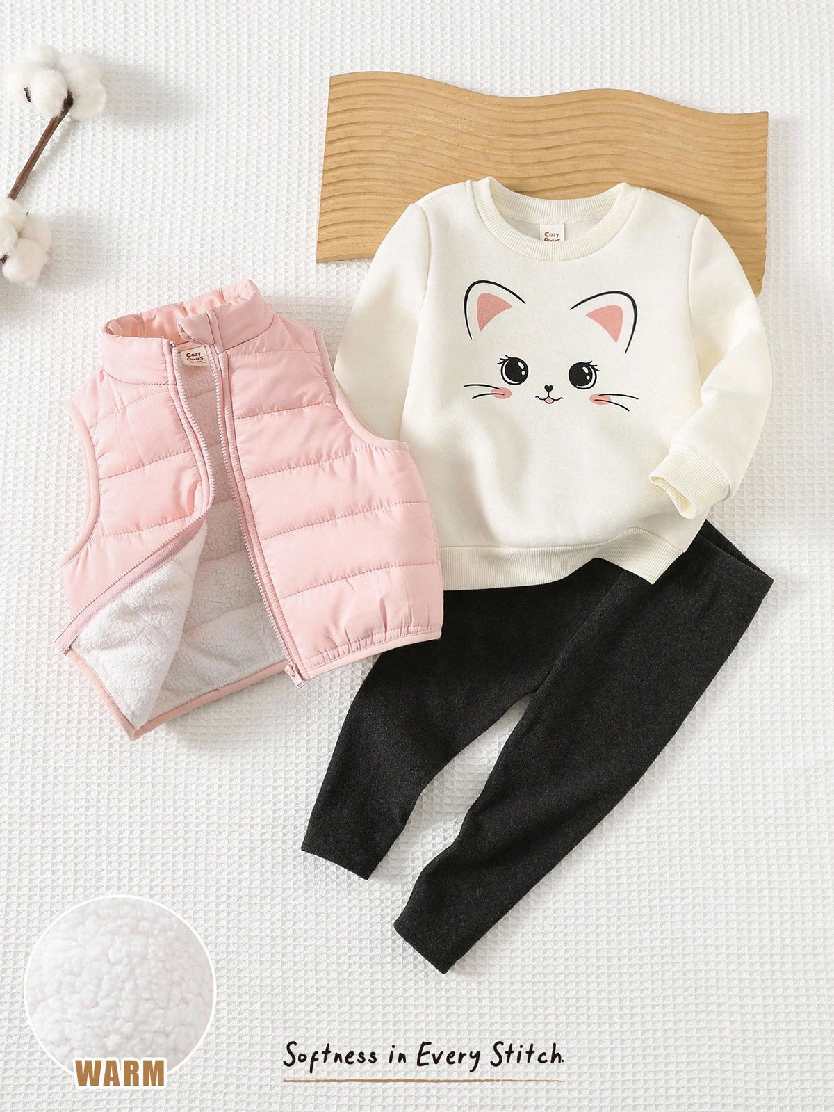 Baby Girl Cartoon Cat Sweatshirt Fleece Vest Leggings 3 Piece Set