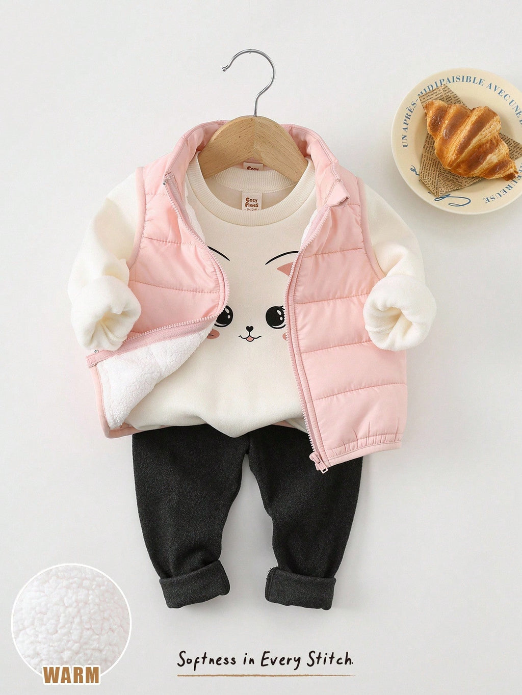 Baby Girl Cartoon Cat Sweatshirt Fleece Vest Leggings 3 Piece Set