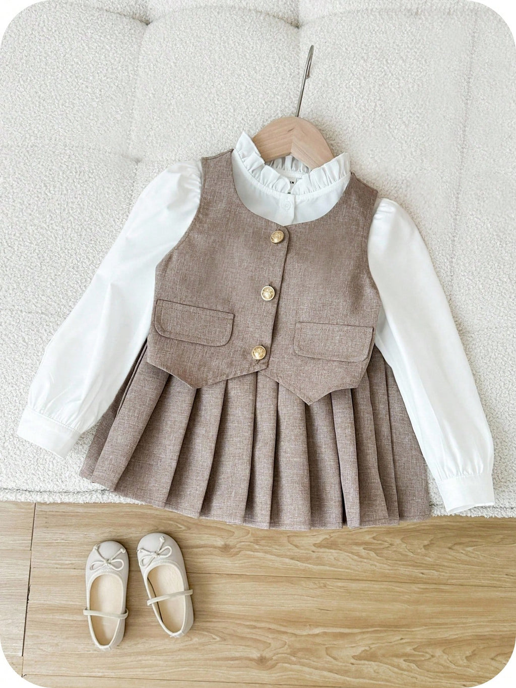 Girls' Gold Button Vest & Pleated Skirt Set